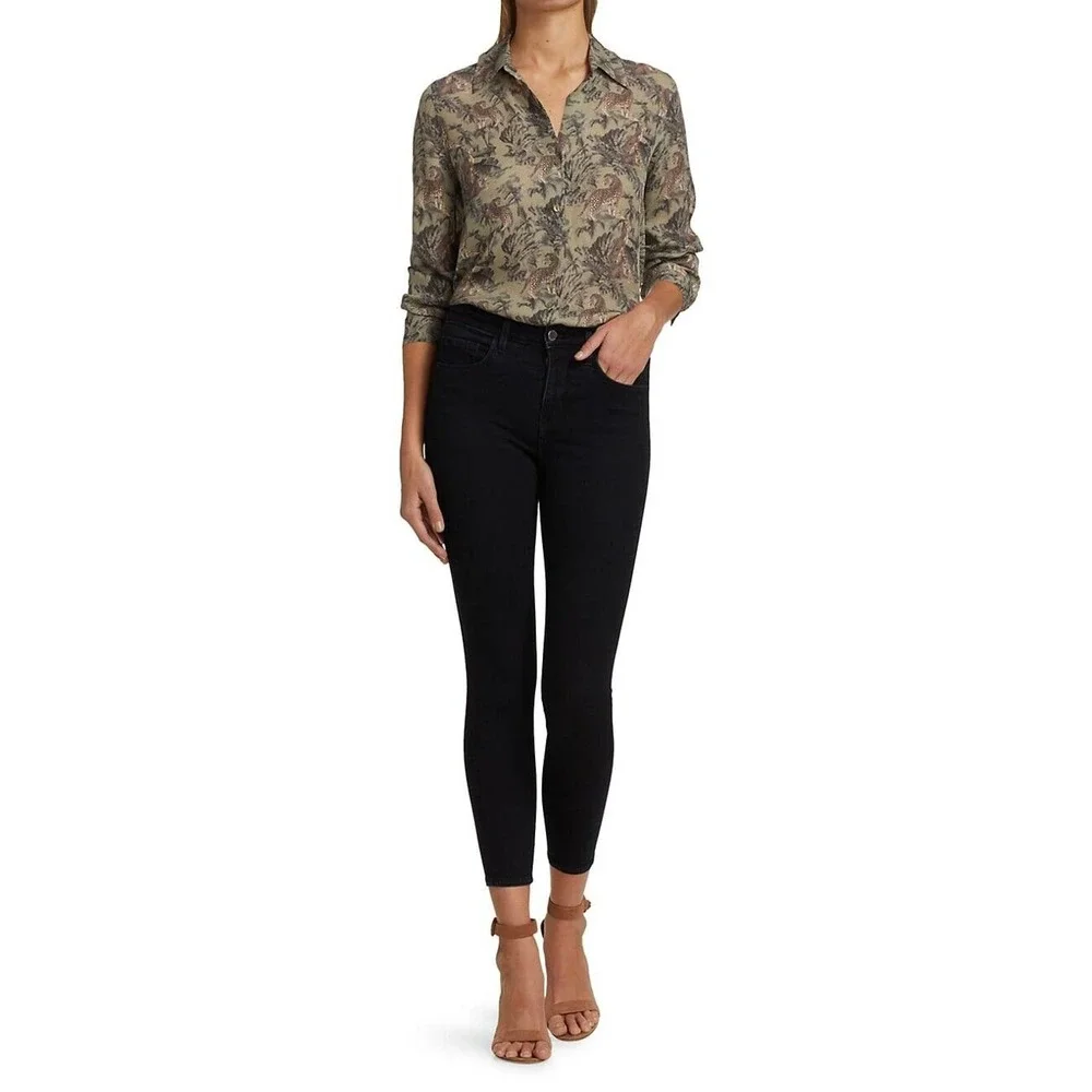L'AGENCE Womens Top Size Small Olive Animal Print Viscose Blouse Button Up - Picture 2 of 9